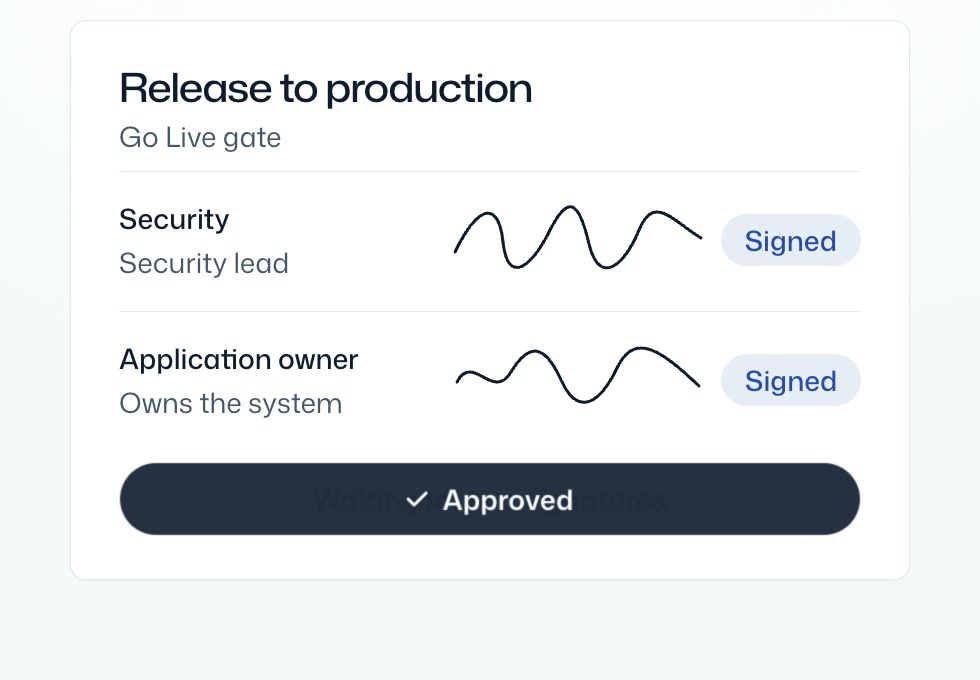 Release to production card with two signatures and an approved button